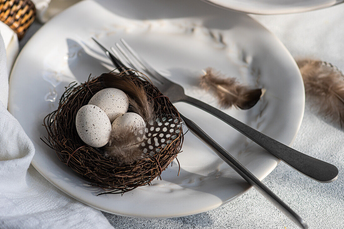 Hochformatige Aufnahme eines eleganten Osterarrangements mit einem makellosen weißen Teller mit einem zarten Prägemuster und einem geflochtenen Nest mit gesprenkelten Eiern, begleitet von Gabel und Messer und Federn