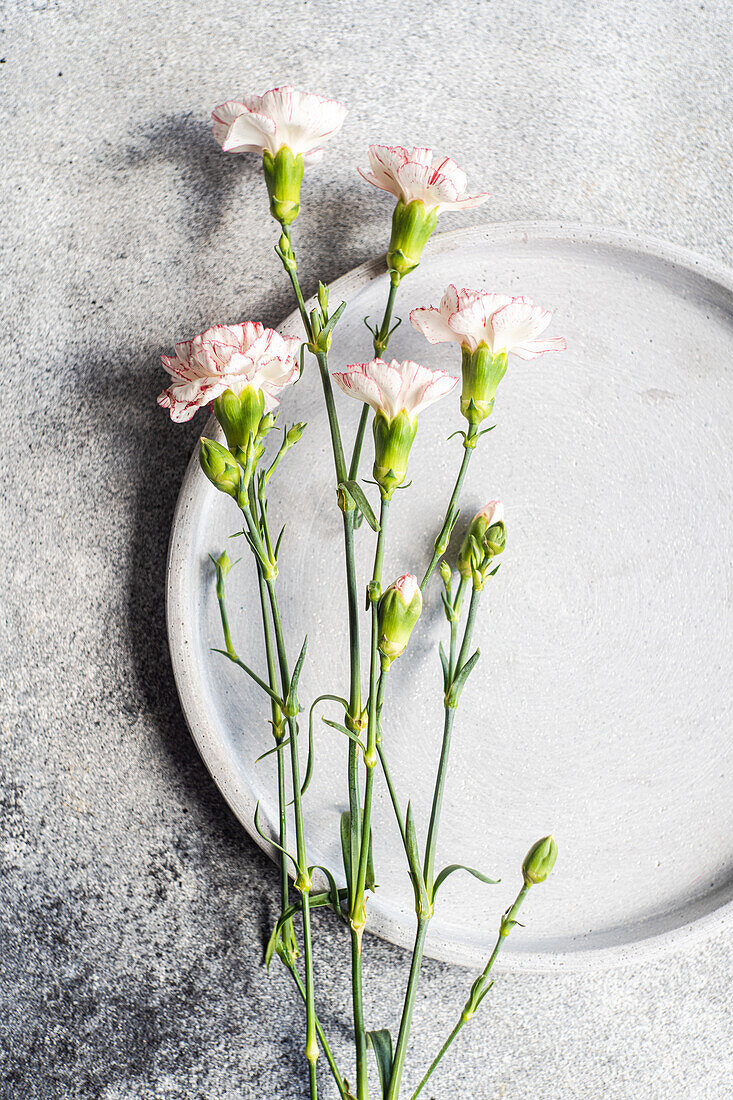 Floral table setting with fresh carnation flowers