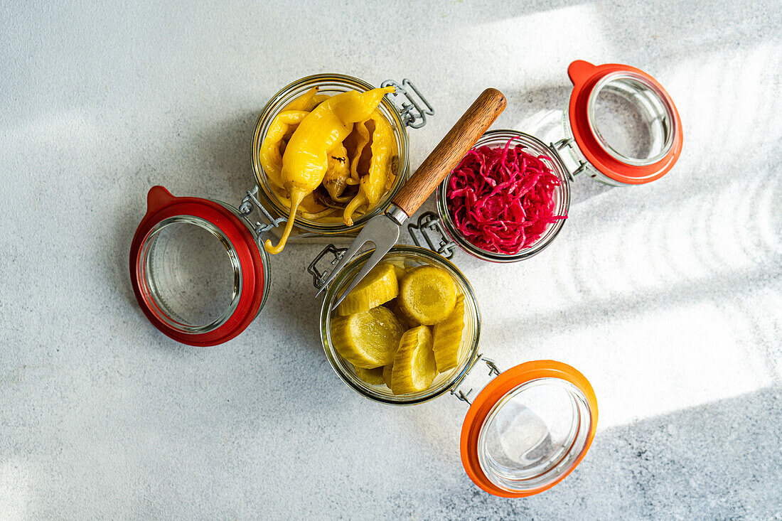 Sealed jars of fermented vegetables including cabbage with beetroot, spicy peppers, and pickled cucumbers on a light background.