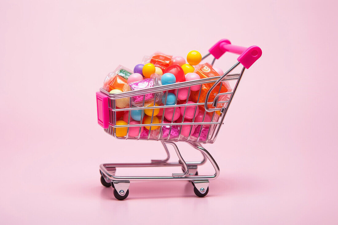 Composition of miniature shopping trolley with assorted multicolored mockup products placed on pink background