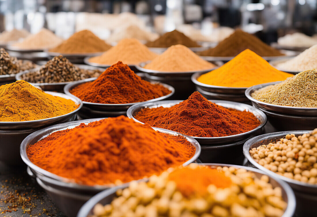 Rows of mix colored powdered spices and seeds in trays at local market stall over blurred busy market background