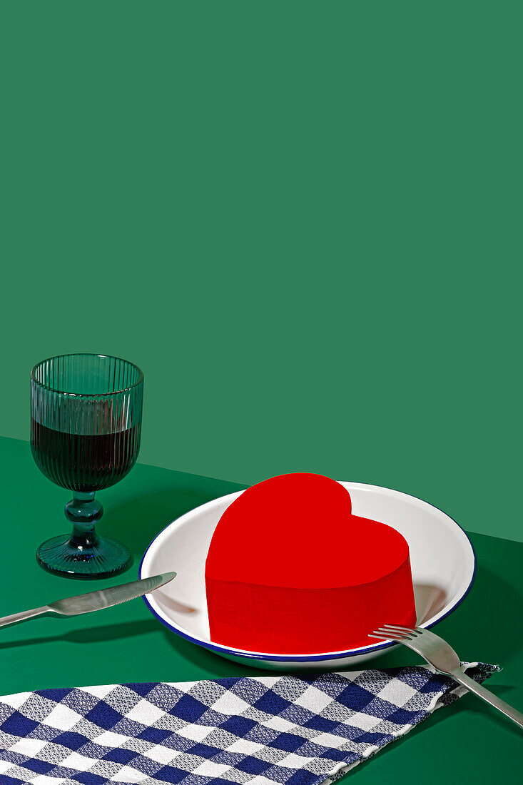Generatives AI-Bild, das ein romantisches Valentinstagsdinner mit herzförmiger Dekoration auf einem Teller, eleganten Gläsern und Besteck zeigt
