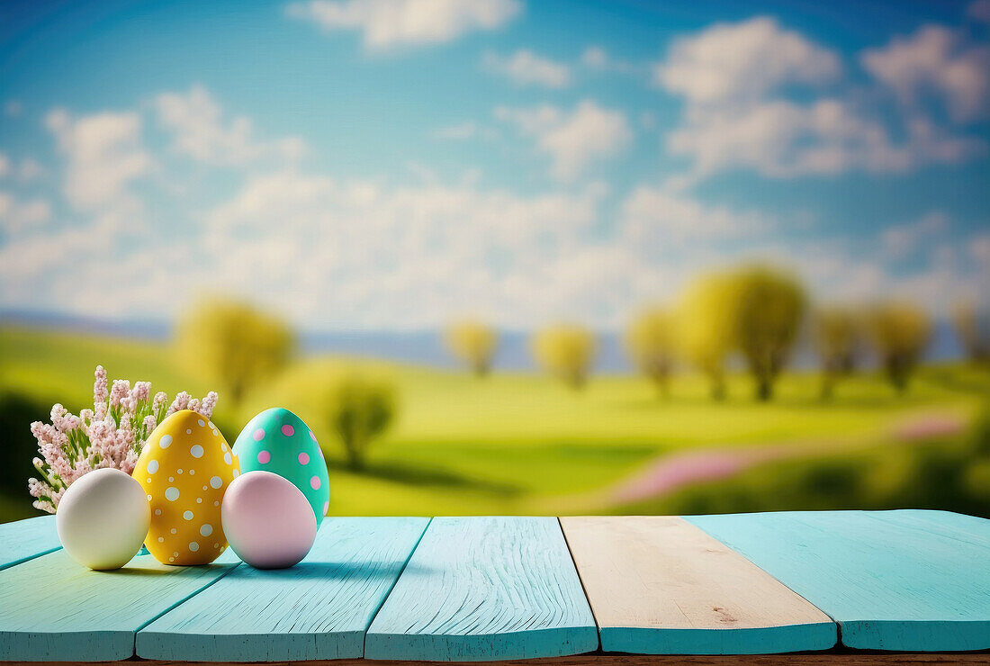 Colorful Easter eggs placed on blue wooden table in green field in sunny summer day in countryside