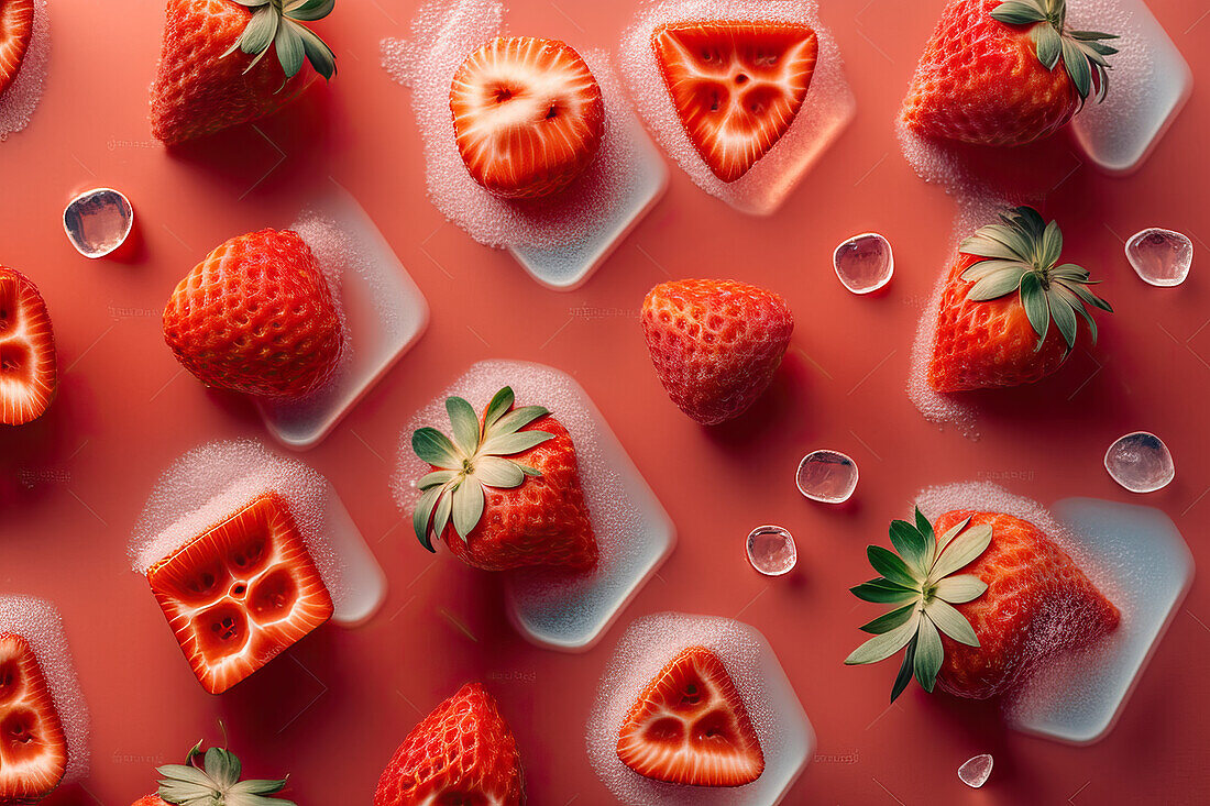 Background of beautiful strawberry fruit slices on frozen surface with ice shapes. Generative AI