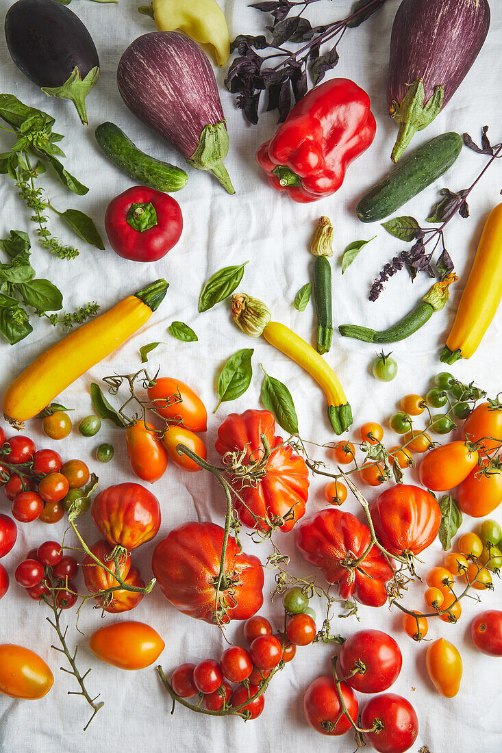 Top view of various fresh ripe vegetables composed in gradient colors over white fabric on table