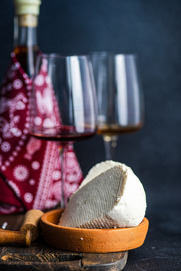 White and red Georgian wine in the glasses on concrete background