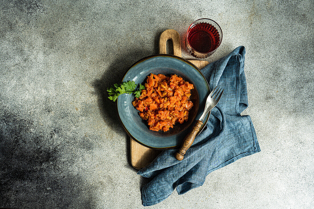 Draufsicht auf einen Gemüseeintopf aus Kartoffeln, Karotten, Paprika und Tomaten, serviert mit Petersilienblättern in einer Schüssel auf einem Betontisch