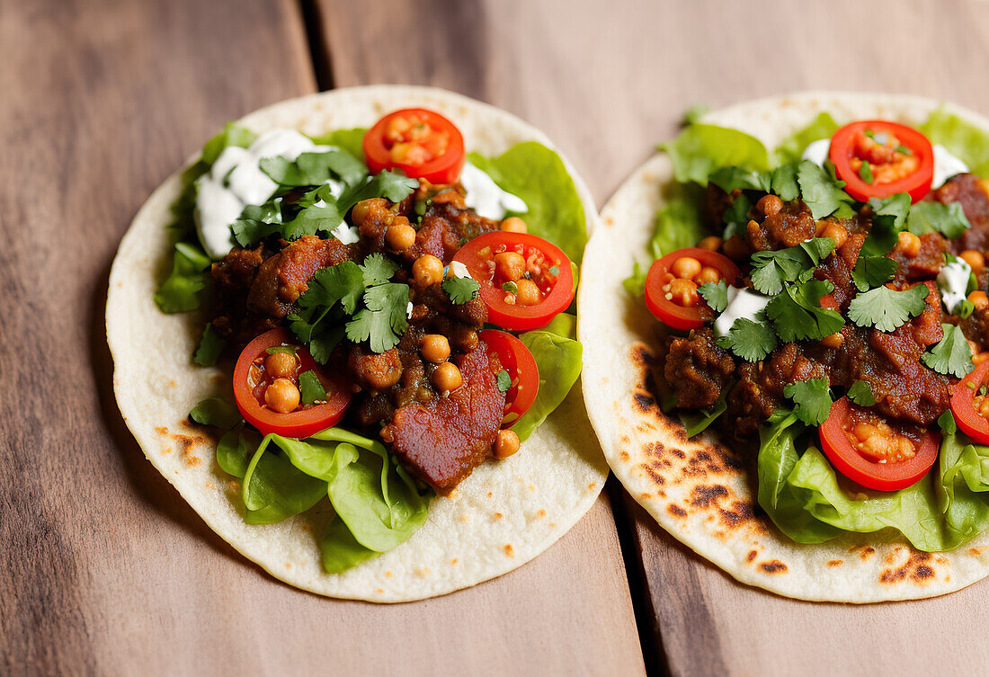 Hohe Winkel von serviert appetitlich mexikanischen Tacos mit scharfen Chilischoten und Koriander auf Holztisch. Generative AI