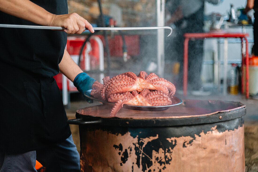 Side view of an anonymous cook lifts a fully cooked octopus from a boiling pot with a hook, ready for serving