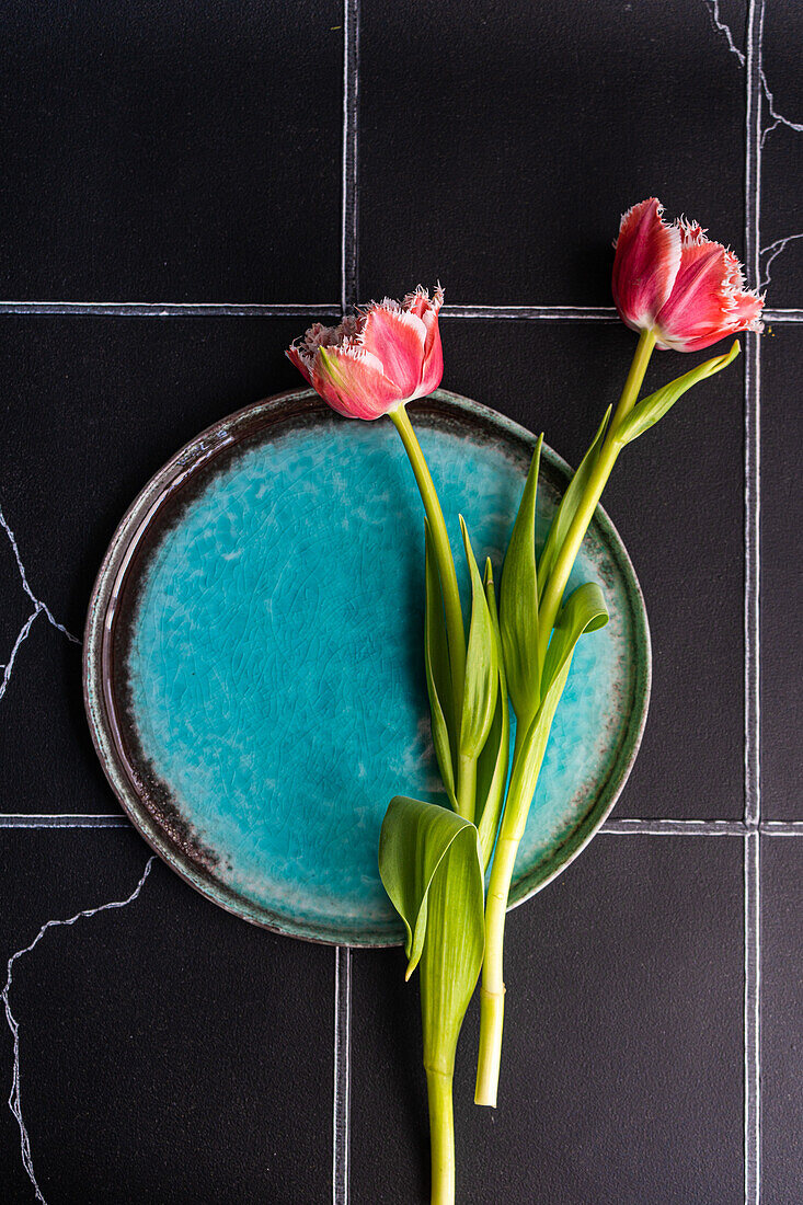 Top view of table setting with fresh tulip flowers on black concrete background