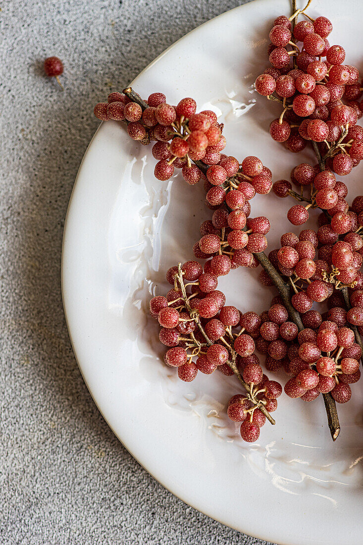 Draufsicht auf verstreute organische Büffelbeeren auf einem weißen Keramikteller mit ein paar Beeren, die auf die graue Oberfläche im weichen Tageslicht fallen