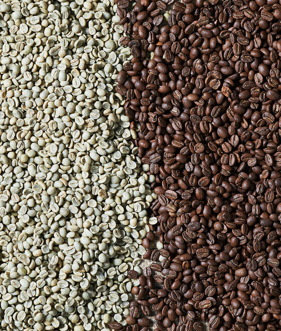 Top view background of aromatic brown and white coffee beans scattered on surface