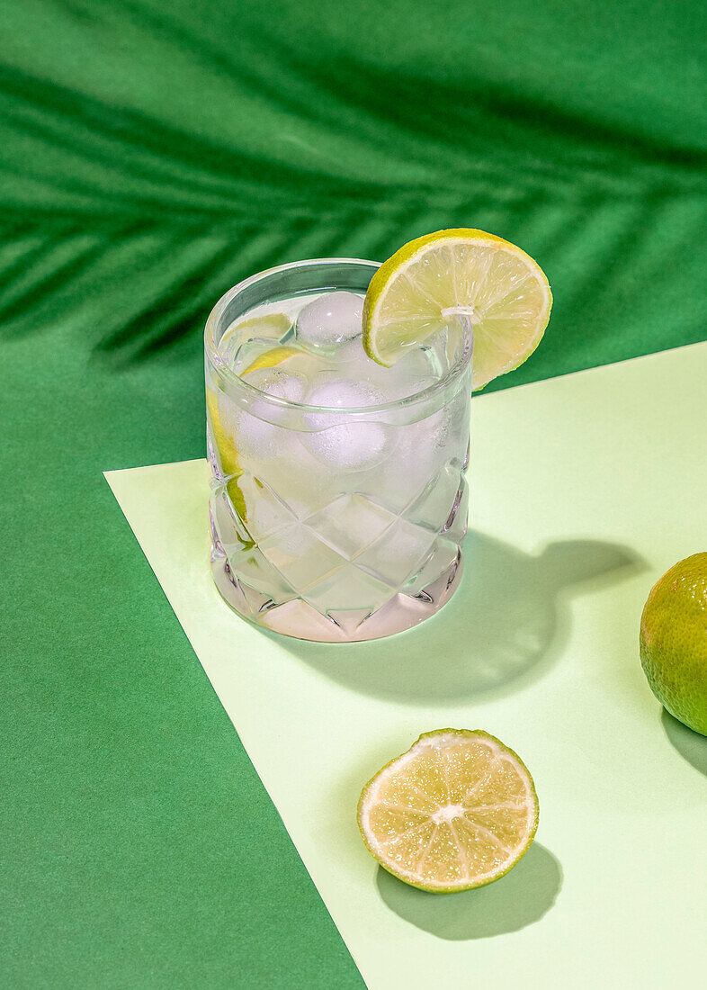 Blick von oben auf ein transparentes Kristallglas mit einem Cocktailgetränk, einer Limettenscheibe und Eis, das auf einem weißen Blatt auf einer grünen Fläche im Schatten von Blättern steht