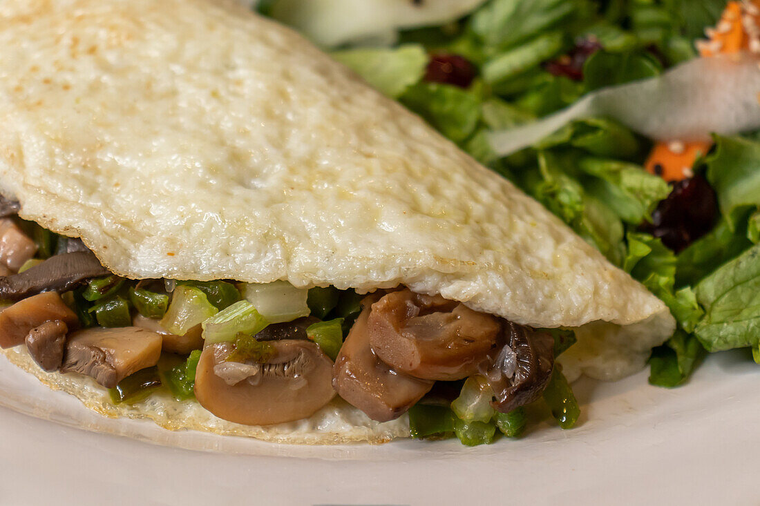 Closeup of delicious omelette prepared with egg whites with finely cut mushrooms and vegetable herbs salad served on white plate