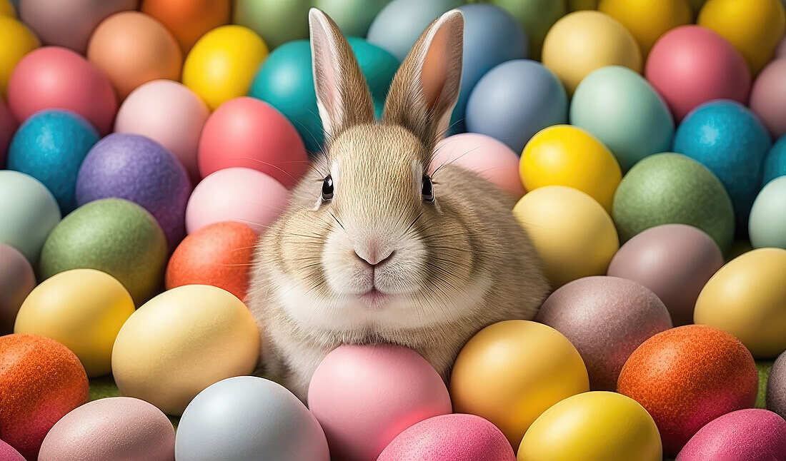 From above Generative Ai illustration of Easter bunny looking at camera near bright colorful egg candies on colorful background