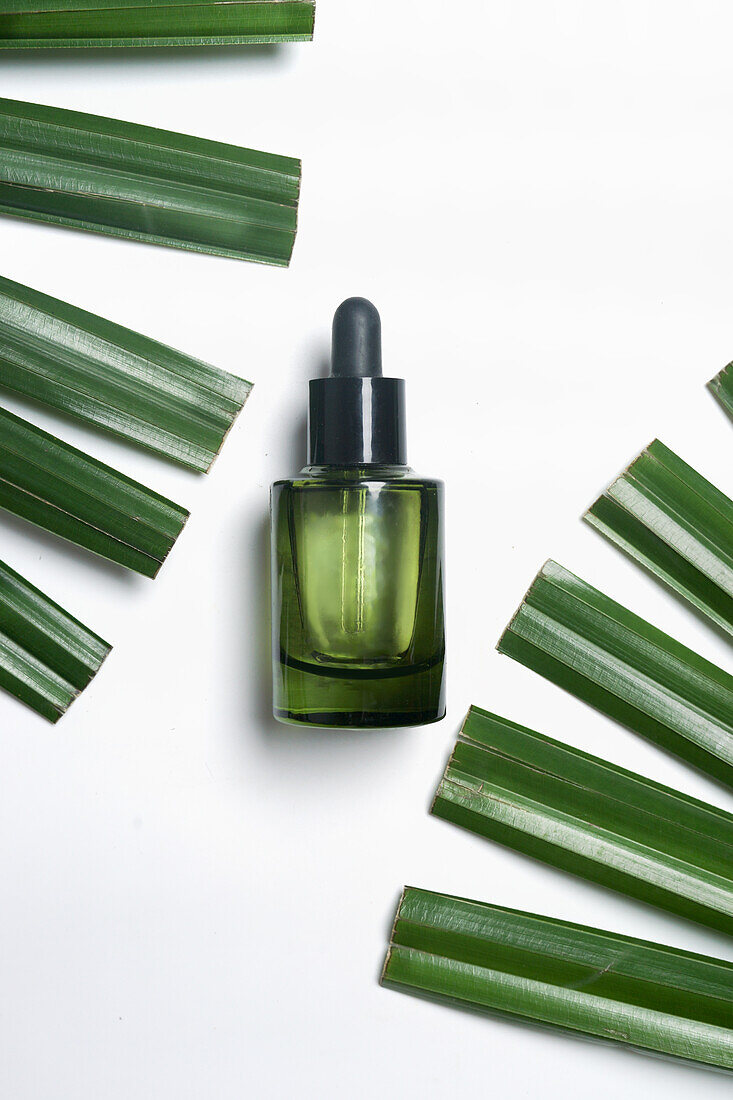 Grünes Glas Kosmetikflasche mit Pipette auf weißem Hintergrund mit grünen Palmenblättern. Hautpflege mit feuchtigkeitsspendendem Gesichtsserum. Draufsicht mit Copy Space