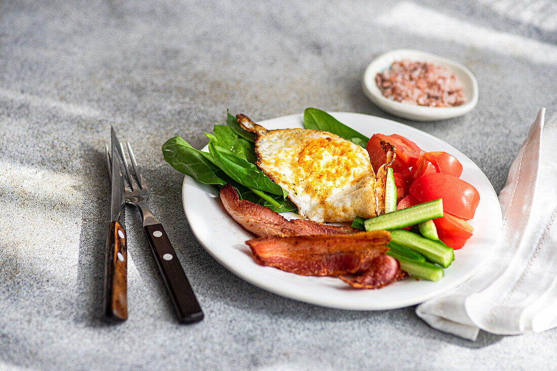 A balanced breakfast arrangement on a white plate with fried egg, crispy bacon, fresh spinach leaves, sliced cucumber and wedged tomatoes served with cutlery on grey textured surface