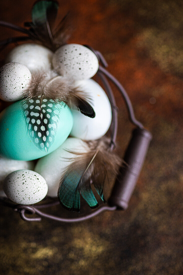 From above basket with easter card concept with eggs on concrete background