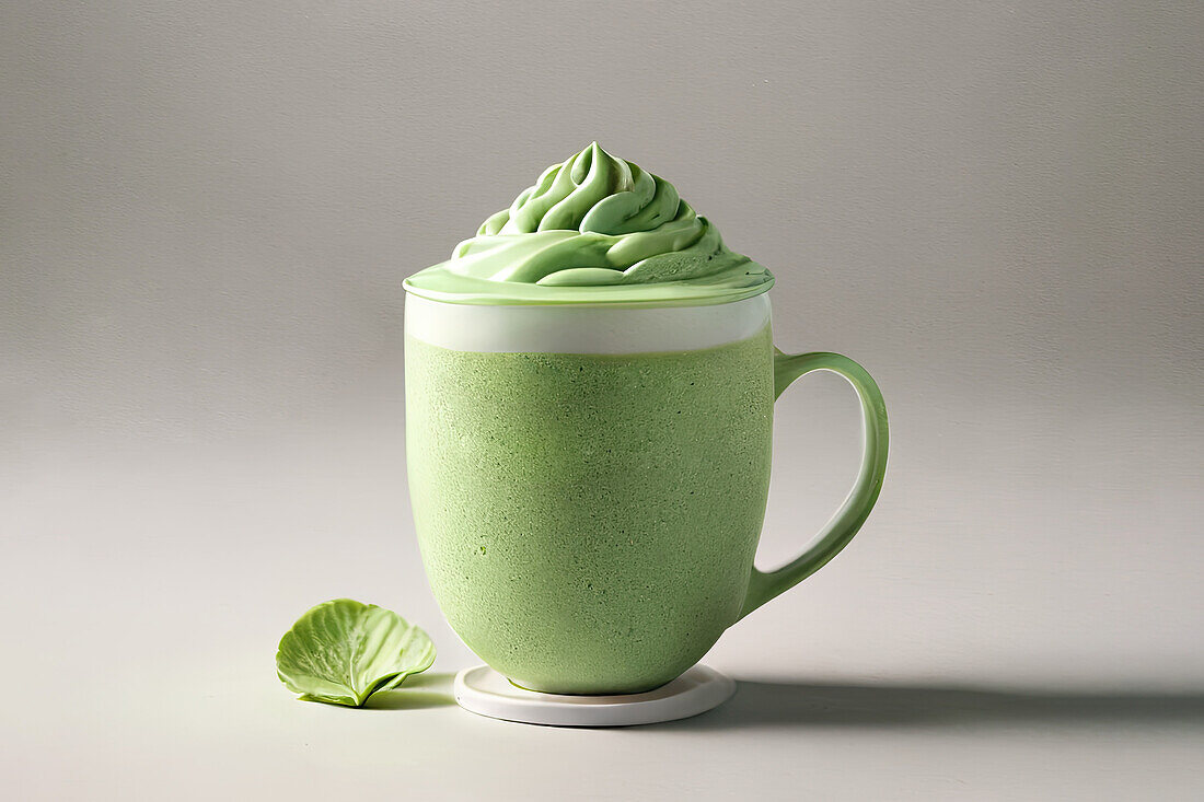 Generative AI illustration of green creamy matcha in glass mug placed near fresh leaf against gray background