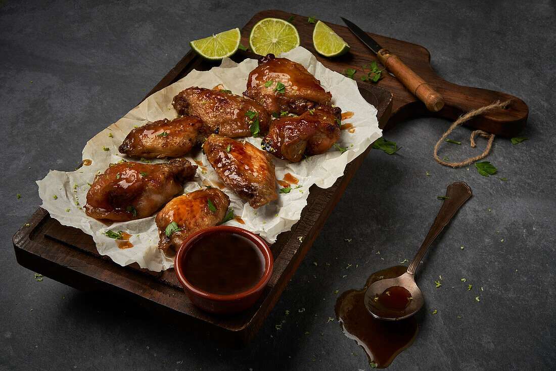 Appetizing grilled marinated chicken wings with ginger vinegar placed on plate with sauce and served with onions on wooden cutting board with knife on gray hard surface