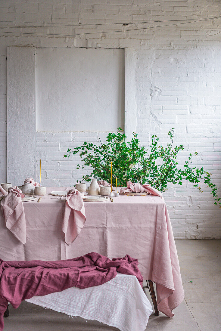 Wooden table with pink tablecloth and dishware placed near bench covered with cloth against potted plant and white brick wall
