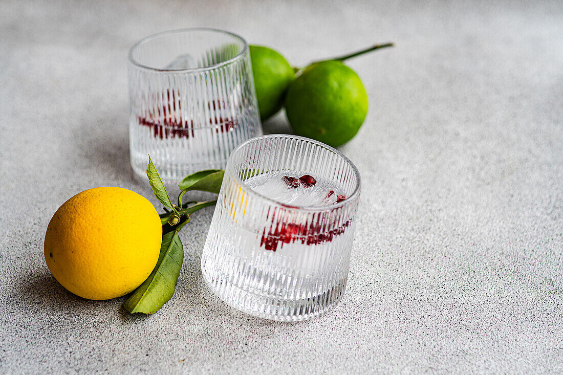 Two glasses of gin tonic with ice cubes and a garnish of vibrant lemon, together with fresh limes on a textured gray surface, evoke a sense of freshness and zest.