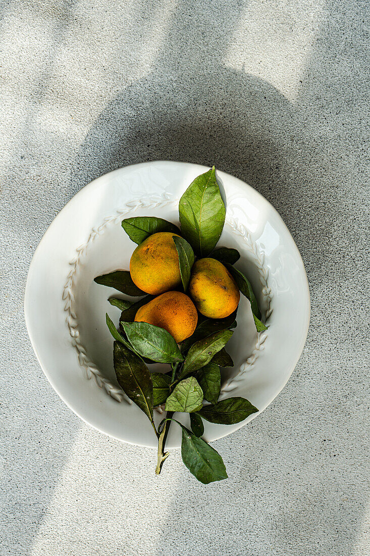 Frische Mandarinen auf einem klassischen weißen Teller über einer strukturierten beigen Serviette, die rustikalen Charme und Einfachheit vermittelt