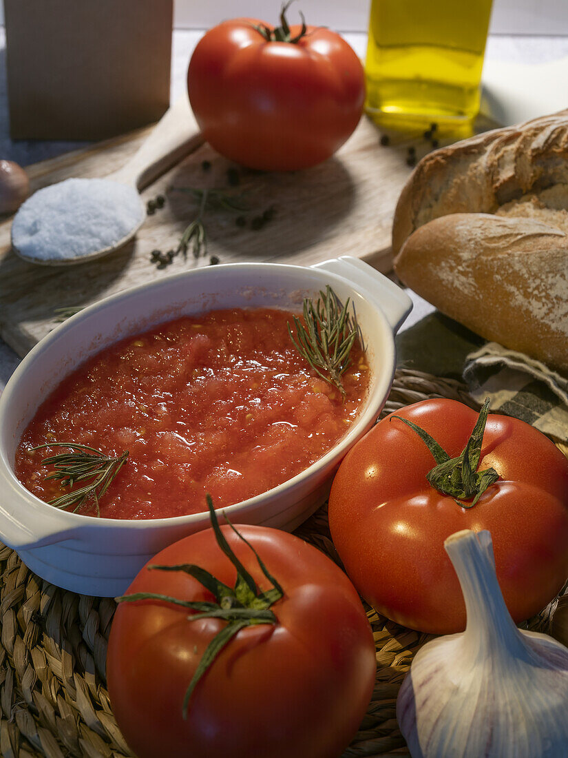 Von oben: reife Tomaten und ungeschälter Knoblauch auf dem Tisch neben einer Schüssel mit zerdrückten Tomaten, Vollkornbrot auf Serviette und Schneidebrett