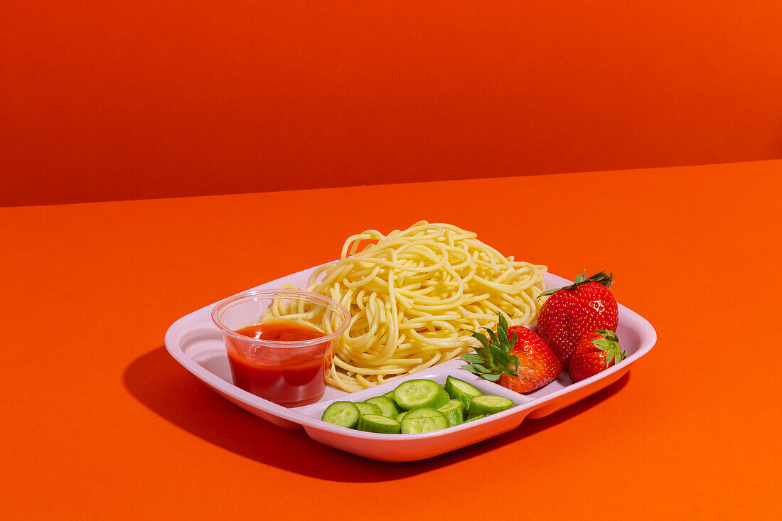 Von oben auf einen Teller mit Spaghetti mit Tomatensauce, Gurkenscheiben und Erdbeeren, die zum Schulessen auf einem roten Tisch serviert werden