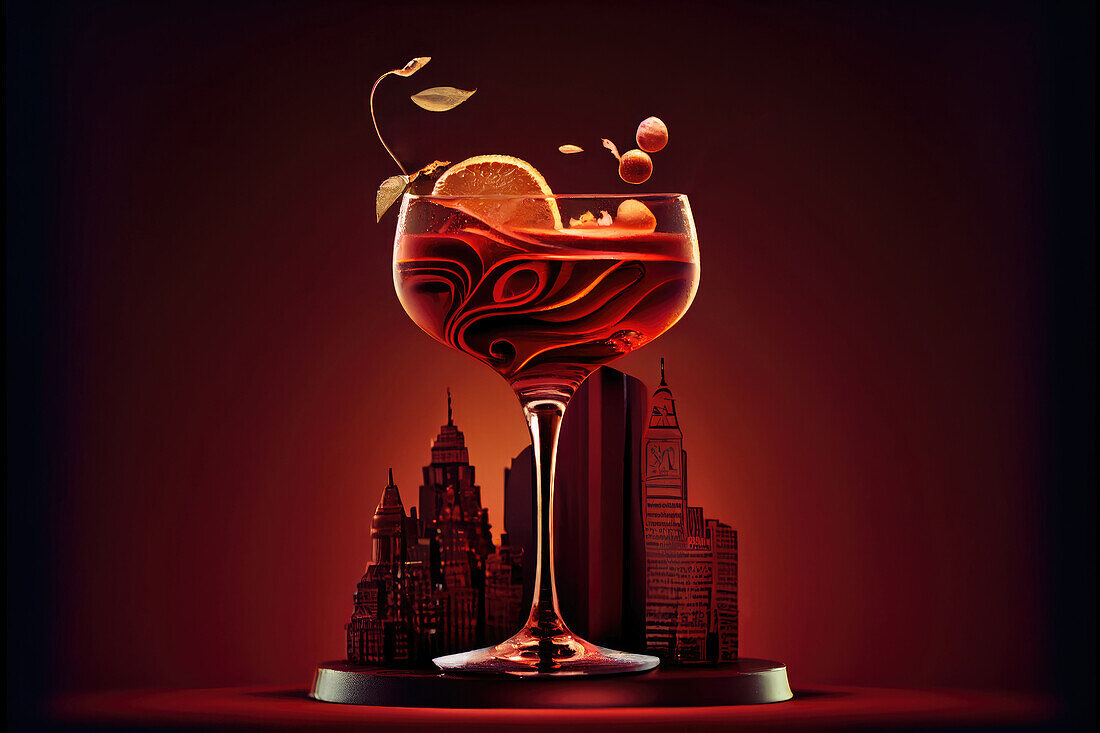 Generative AI illustration of glass with decorated Manhattan cocktail illuminated with red light on background of modern city in darkness