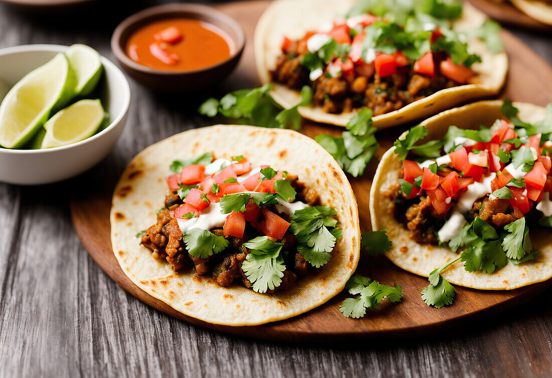 Appetizing Mexican tacos with spicy chili peppers and cilantro on plate. Generative AI