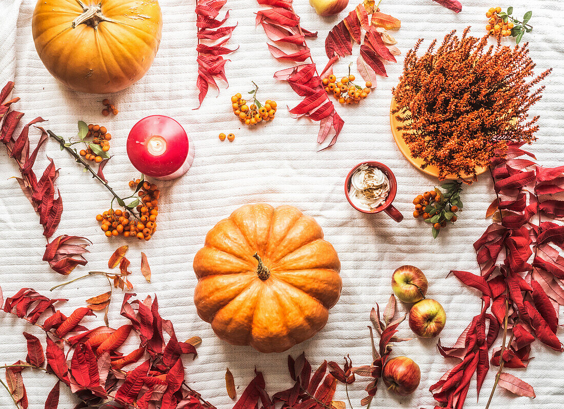 Autumn flat lay composition with pumpkins, red and orange leaves, candle, hot chocolate with cream, apples at white textile background. Cozy seasonal fall backdrop. Top view.
