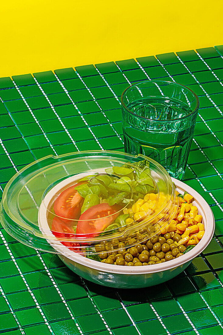 High angle of salad bowl with slices of tomato, spinach leaves, corn kernels and peas placed on green surface near glass of water against yellow wall
