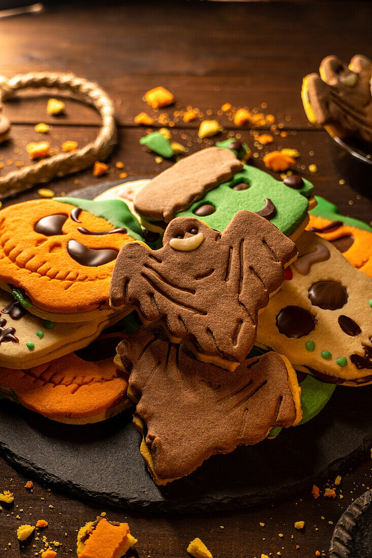 Nahaufnahme von Bündel von leckeren hausgemachten Keksen auf Holztisch im Halloween-Stil platziert