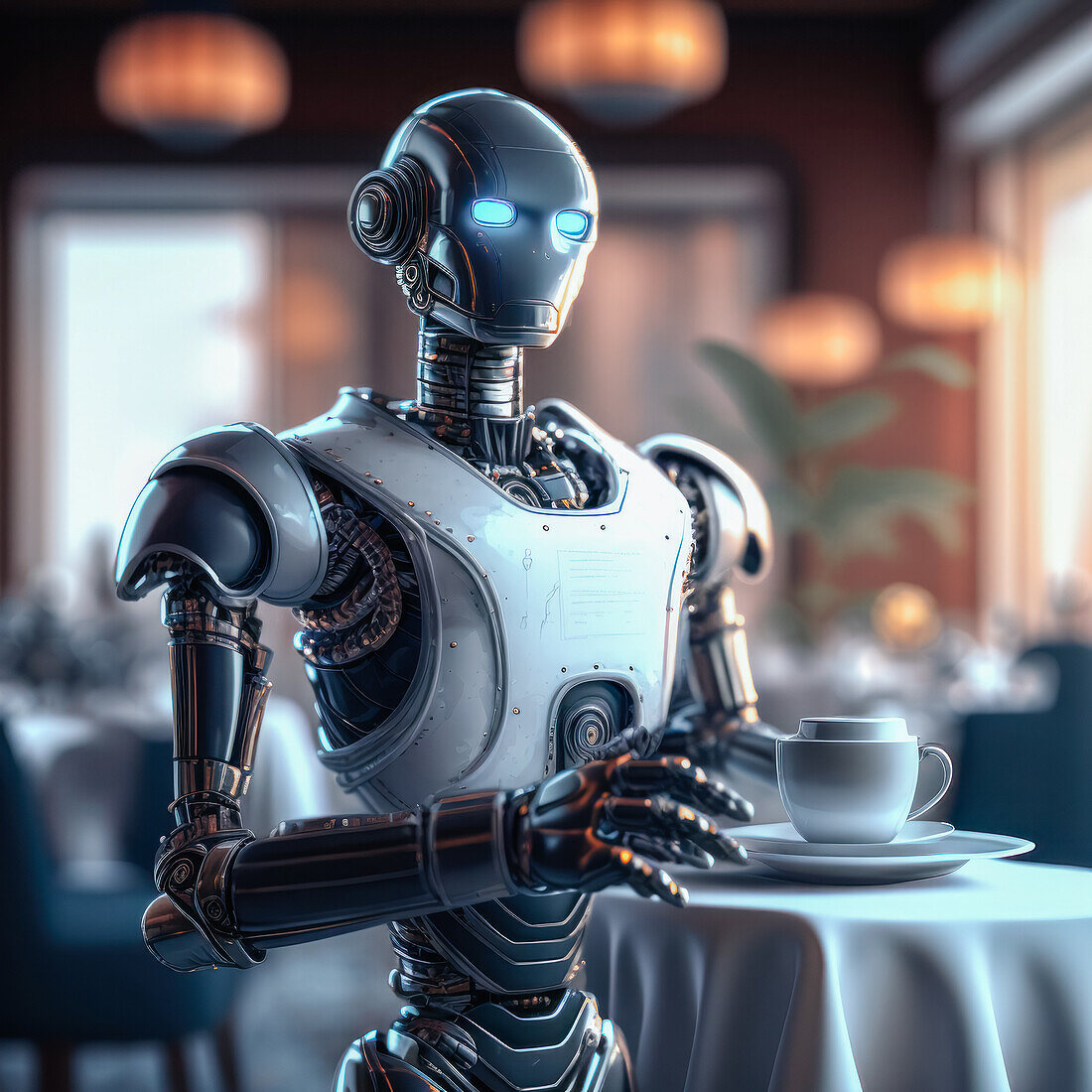 Metal futuristic robot with illuminated lamps in eyes standing near table with tablecloth and cup of hot coffee in cafeteria
