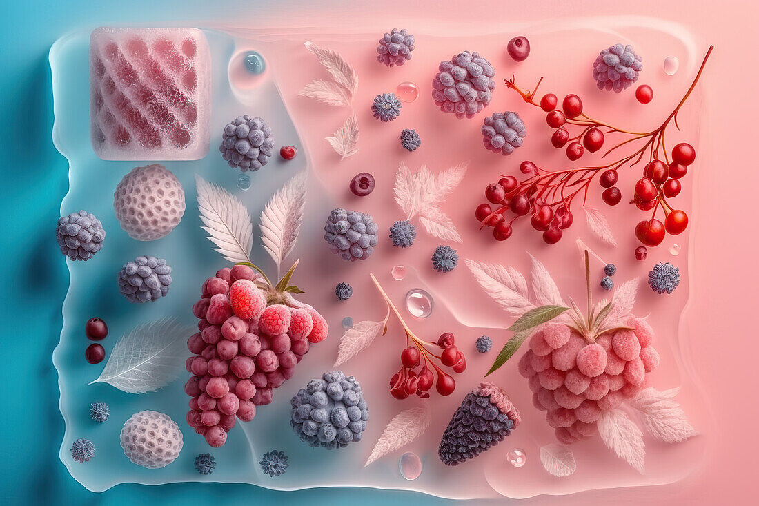 Hintergrund von schönen Beeren Obstscheiben auf gefrorenen Oberfläche mit Eis Formen. Generative AI