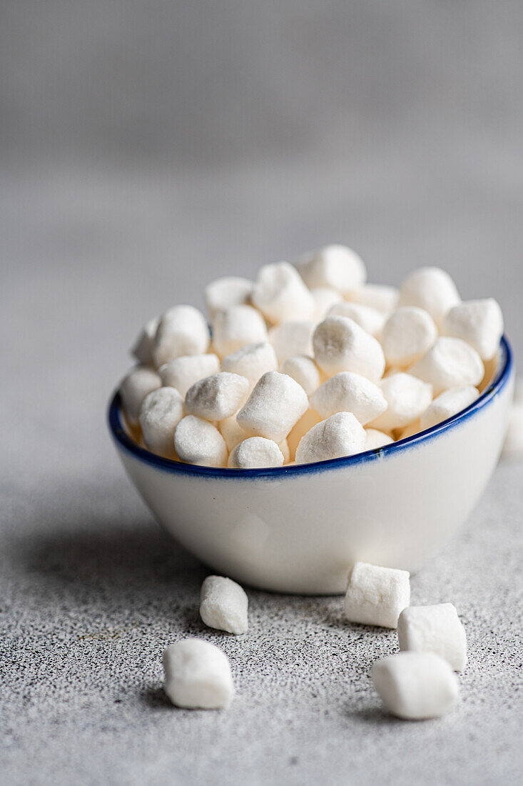 Christmas dessert mini marshmallow in the white ceramic rustic bowl