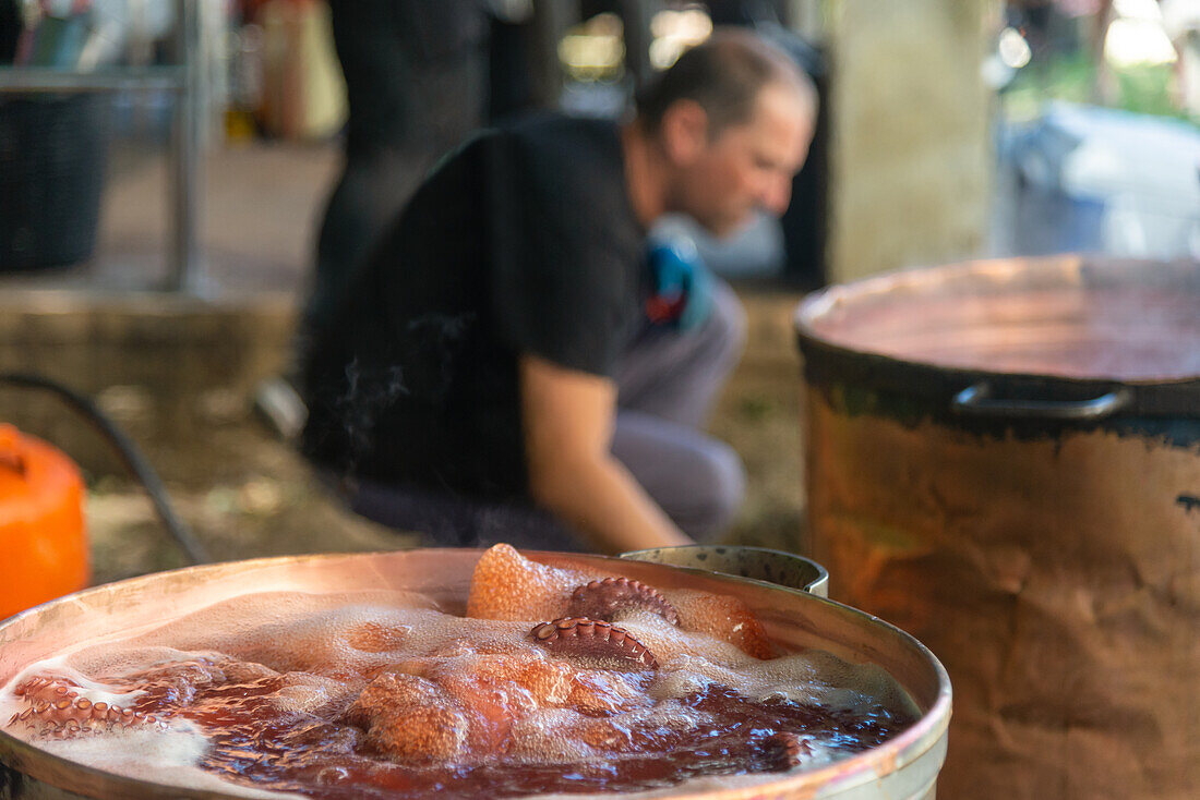 The traditional preparation of octopus in Galicia is captured as a chef oversees a boiling pot at an outdoor market