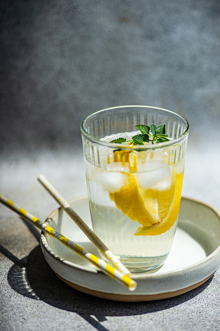 Sommercocktail mit Zitronenwodka, Zitronenscheiben und wilden Minzblättern mit Eis auf einem Teller mit Strohhalmen auf einem grauen Tisch serviert