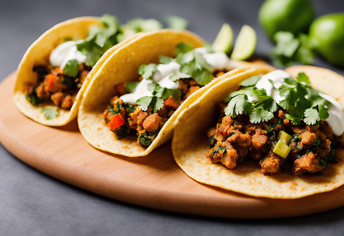 Appetitliche mexikanische Tacos mit scharfen Chilischoten und Koriander auf einem Teller. Generative KI