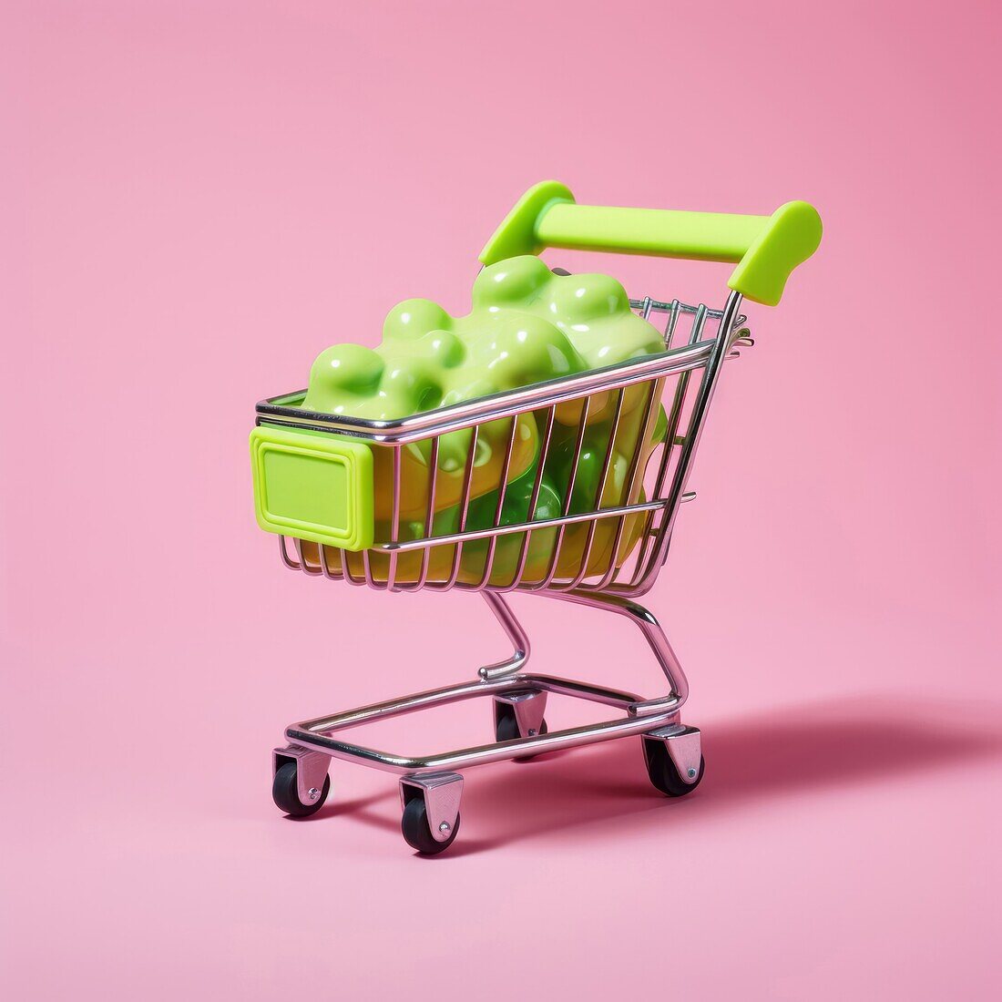Composition of miniature shopping trolley with green mockup product placed on pink background