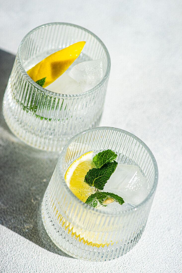 Zwei Gin-Tonic-Cocktails, verziert mit Zitronenscheiben und frischer Minze, serviert in strukturierten Gläsern mit Eiswürfeln auf einer hellen Fläche