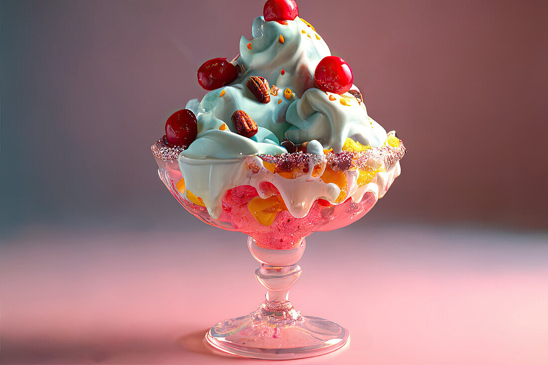 Generative AI illustration of delicious appetizing ice cream decorated with cherries and fruit slices served on dessert glass against pink background