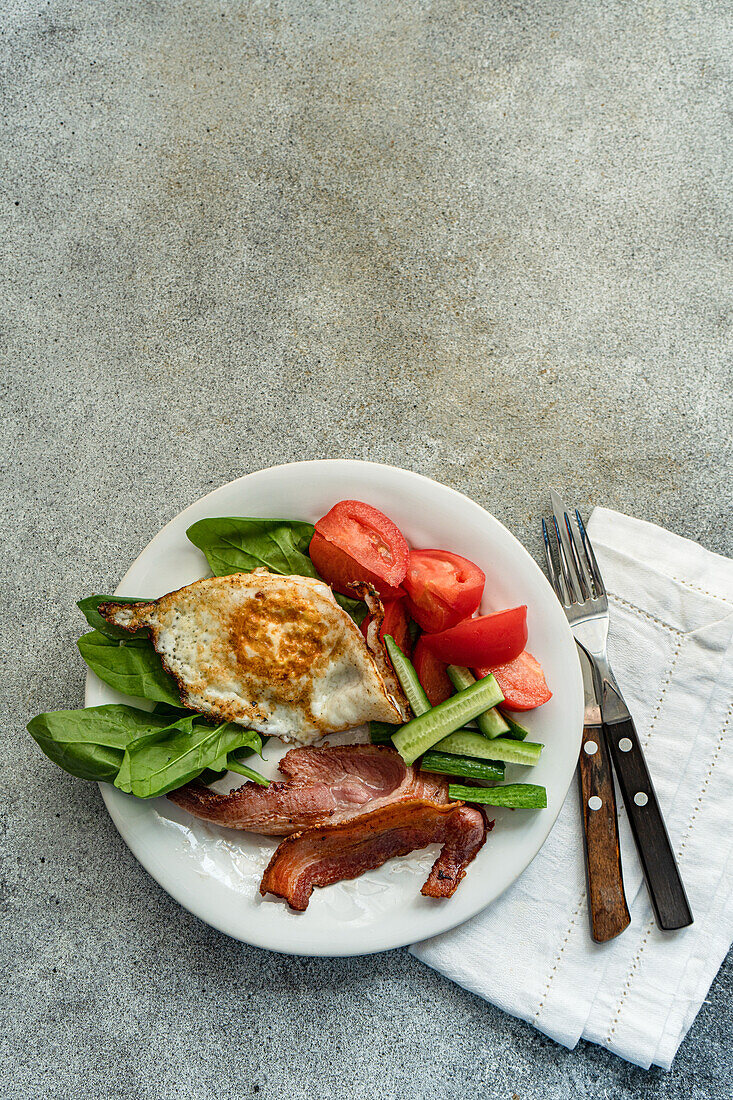 Top view of balanced breakfast arrangement on a white plate with fried egg, crispy bacon, fresh spinach leaves, sliced cucumber and wedged tomatoes served with cutlery on grey textured surface