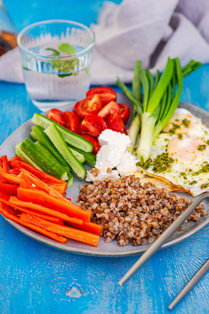 A vibrant and nutritious breakfast plate with cherry tomatoes, cucumbers, green onions, red peppers, feta cheese, buckwheat, and fried eggs drizzled with pesto.