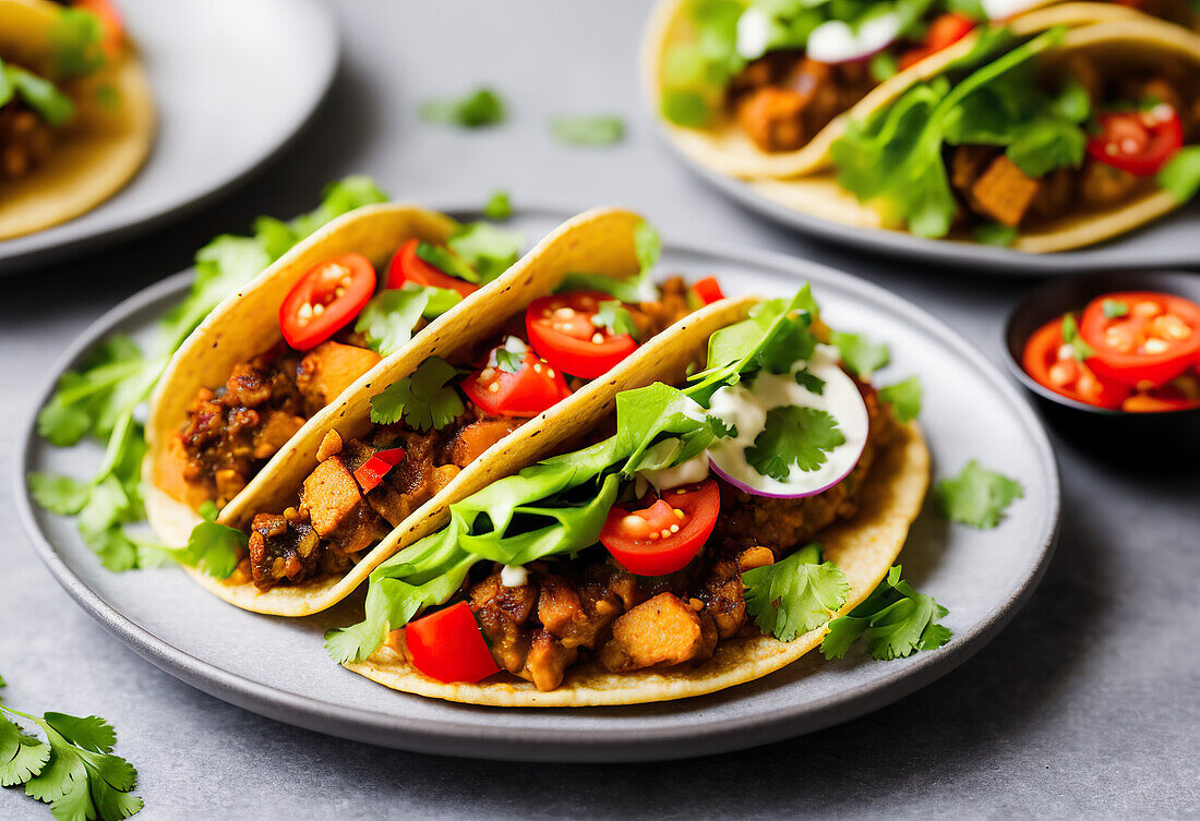 Appetitliche Tacos mit Salatblättern und Fleisch mit Tomaten und saurer Sahne auf einem Teller von oben. Generative KI