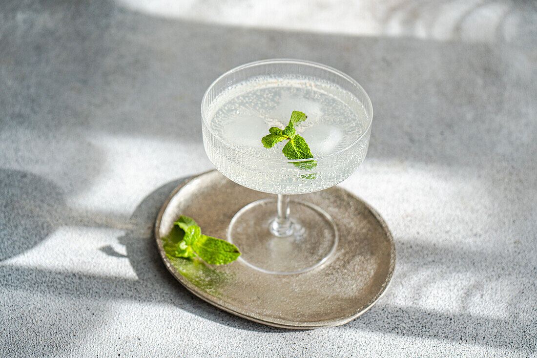 A sophisticated cocktail adorned with fresh mint sits in sunlight, casting a soft shadow on a textured surface