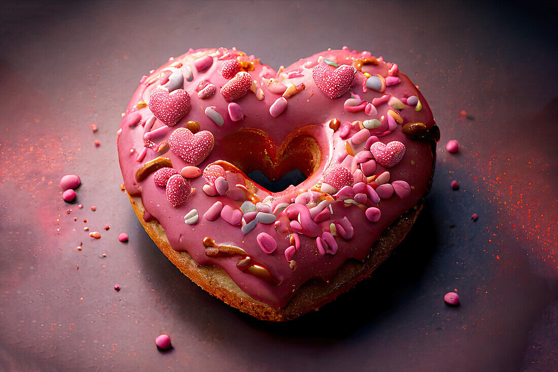 Generative AI illustration of sweet heart shaped doughnuts with pink glaze placed on brown table