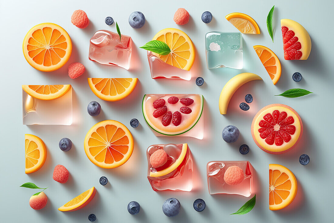 Hintergrund der schönen Fruchtscheiben auf gefrorenen Oberfläche mit Eis Formen. Generative AI