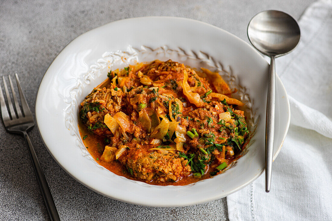 High angle of Georgian Gupta dish of meatballs with rice stewed in tomato sauce with cabbage, carrot and onion, served with chopped coria on plate near spoon and fork against gray background